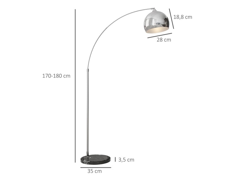  Lampadaire arqué, hauteur réglable, interrupteur au pied, base effet marbre, 170-180 cm, argentnoir  - Conforama E