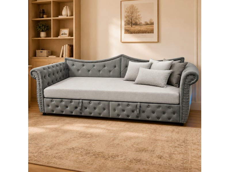  Lit gigogne 90x200 cm en velours gris avec led et port usb  - Conforama D