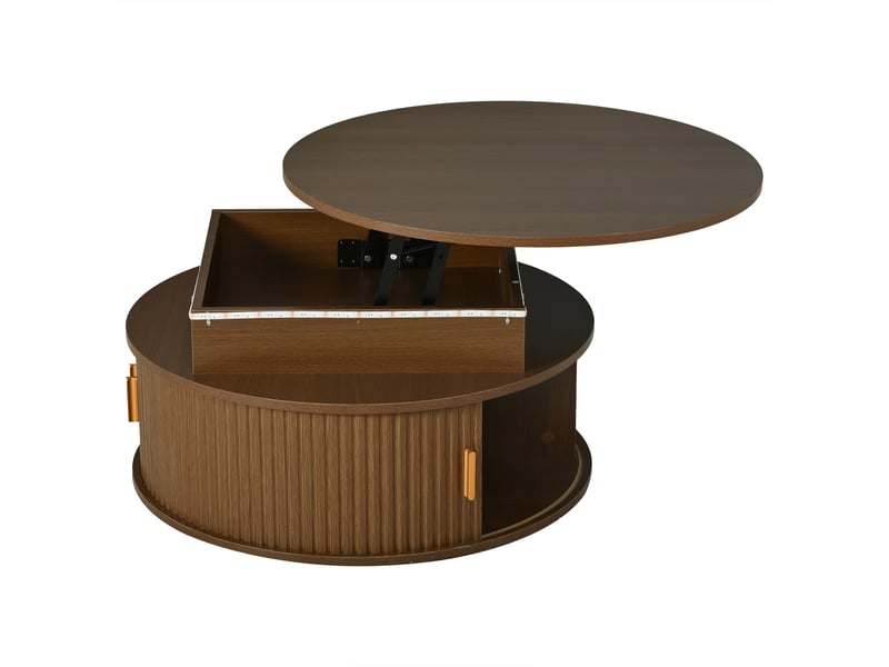 Table basse à plateau relevable, noyer, 75 x 75 x 52 cm, ronde, 2 portes coulissantes et rangement caché  - Conforama E