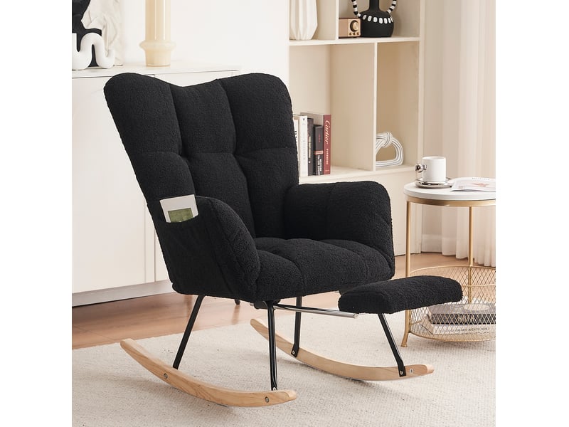  Fauteuil à bascule confortable, revêtement teddy, noir, relax, modèle à oreilles avec repose-pieds et porte de rangement  - Conforama B