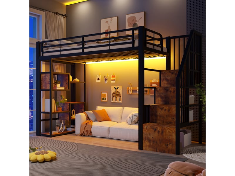  Lit mezzanine 90x200 cm, lit enfant, rangement, échelle sécurisée, barrière antichute, led, bois et métal noir  - Conforama A