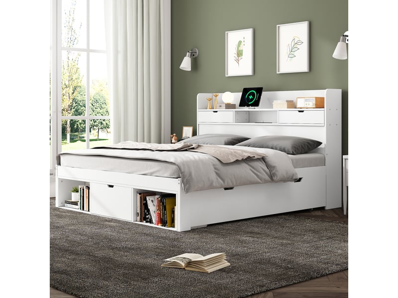  Lit enfant 140x190 cm avec 4 tiroirs, armoire et étagères, usb, usb-c et 2 prises, sommier à lattes, pin et mdf - blanc  - Conforama B