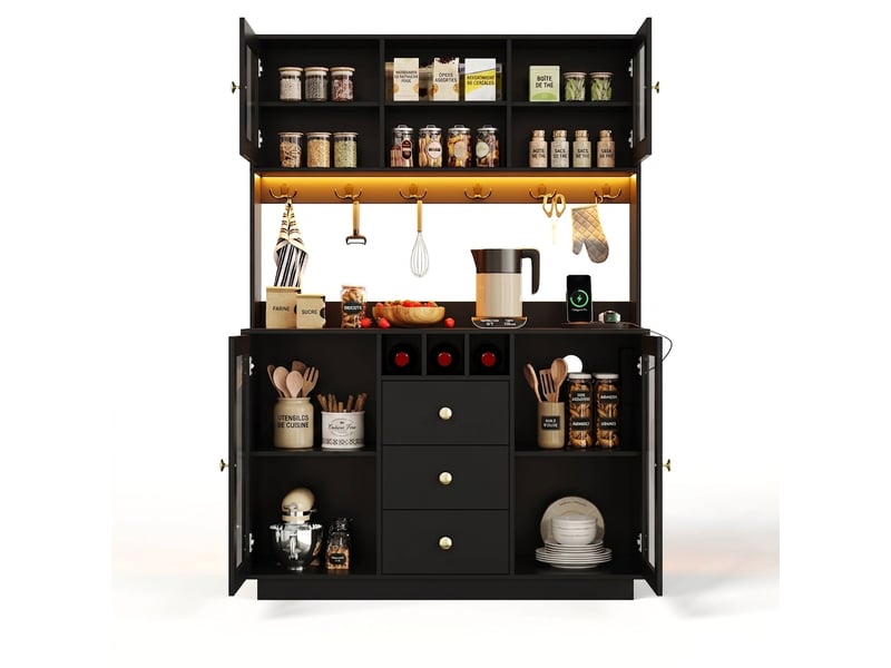  Armoire de cuisine avec éclairage led et prises électriques, vitrine noire pour salle à manger, 120x40x170 cm  - Conforama A