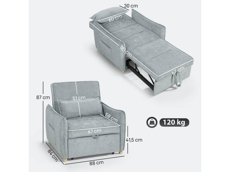  Fauteuil convertible 1 place 3 en 1, fauteuil-lit clic-clac en chenille, assise large dossier réglable, 88x84x87cm, gris  - Conforama C