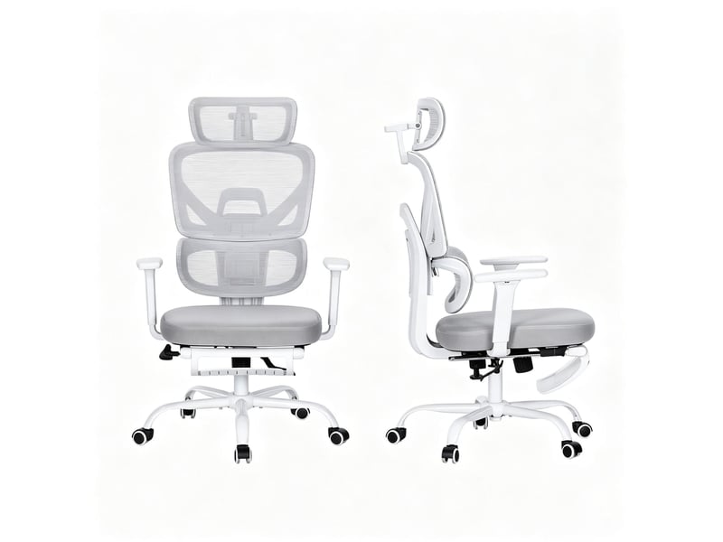  Chaise de bureau ergonomique avec repose-pieds réglable dossier inclinable et appuie-tête en maille et métal gris  - Conforama A