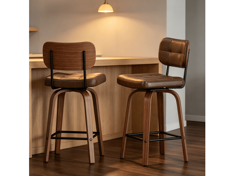  Tabouret de bar pivotant avec dossier ergonomique et design scandinave, en cuir pu et bois, marron noyer  - Conforama C