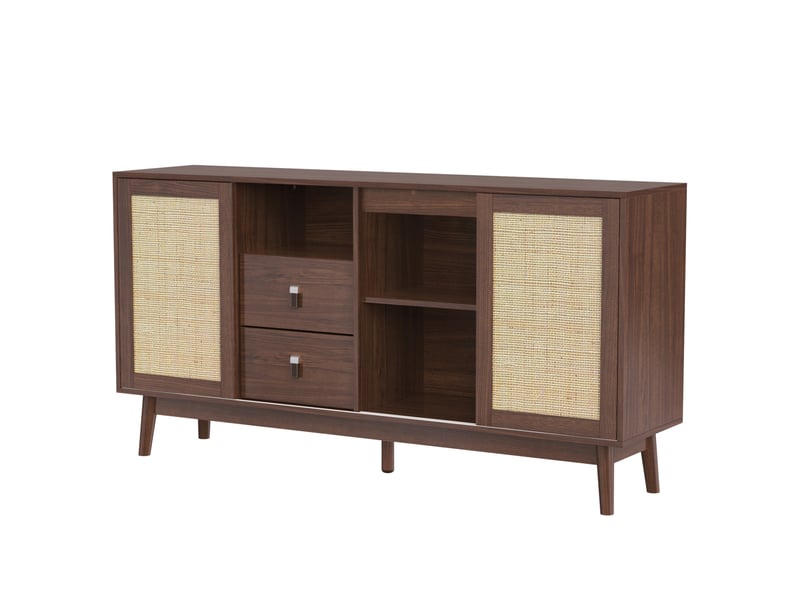  Buffet 3 portes coulissantes en rotin et 2 tiroirs, 155x38x80 cm, bois foncé  - Conforama D