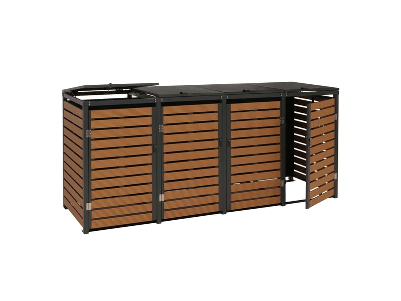  Cache poubelles 4 bacs avec couvercle abri extérieur verrouillable 80 à 240l 119x264x84 cmen wpc effet bois teck structure acier galvanisé 04_0010056  - Conforama A