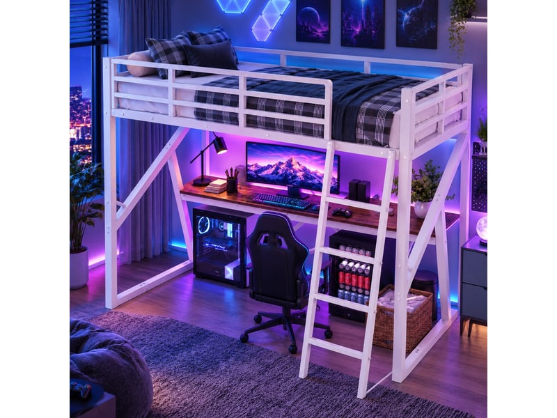  Lit mezzanine enfant 90 x 200 cm en métal avec bureau, led multicolore, échelle et barrières, gain de place, blanc  - Conforama E