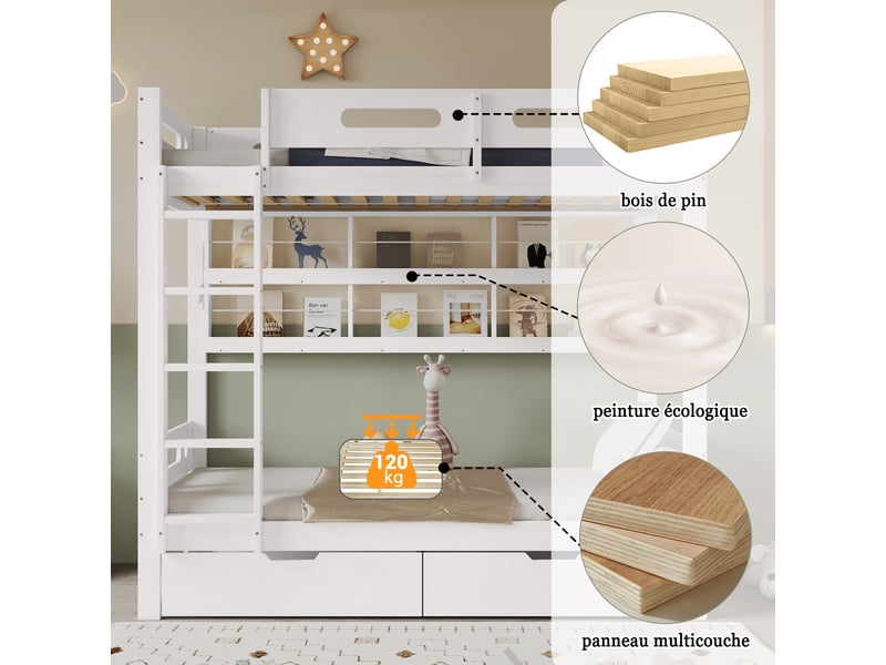Lit superposé enfant 2 places 90×200 cm, 2 tiroirs et étagères - okmyhome- barrière, sans matelas, blanc naturel - Conforama E