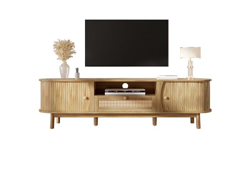  Meuble tv 165 cm, buffet bas de salon avec portes coulissantes et tiroirs en rotin, en mdf et rotin tressé de style bohème chic rustique, naturel  - Conforama A