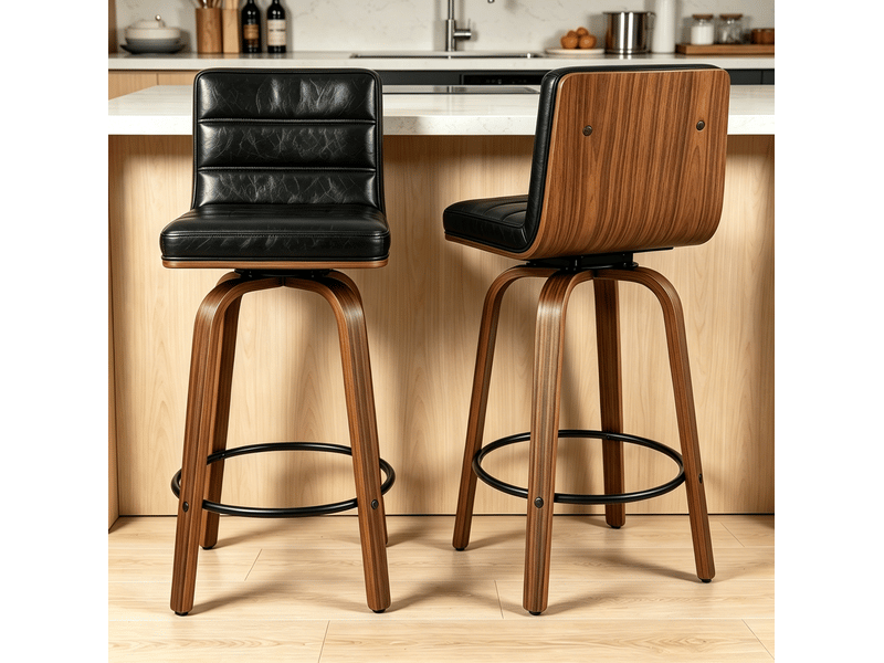 Tabouret de bar pivotant avec dossier ergonomique et repose-pieds, en métal et bois noir  - Conforama B