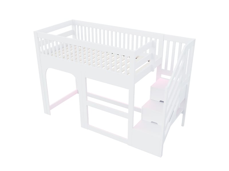  Lit mezzanine enfant 90x200 cm, lit cabane avec portes et fenêtres, escalier de rangement, led, garde-corps et espace de jeu, blanc  - Conforama E