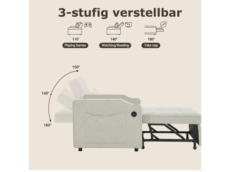  Fauteuil convertible 3-en-1 avec usb-c, porte-gobelet et dossier réglable  - tissu beige 190 cm  - Conforama E