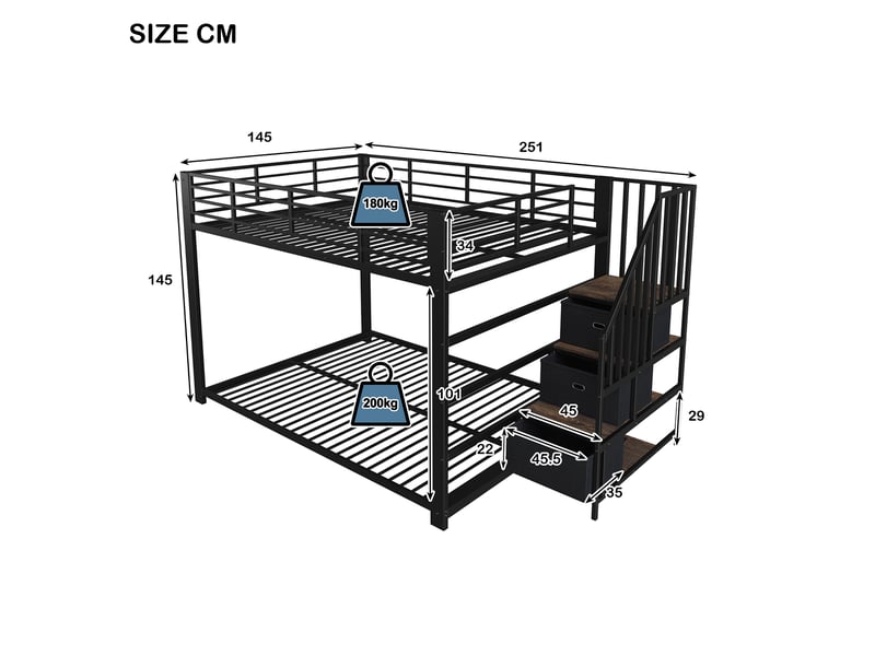  Lit superposé 140x200 cm, escalier réversible avec tiroirs, led, prises et usb, métal et mdf, noir, sans matelas  - Conforama C