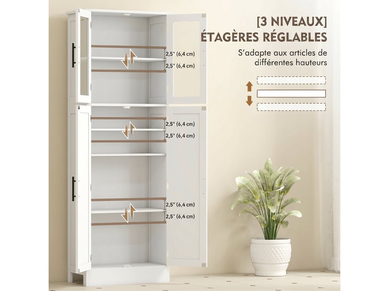  Meuble de salle de bain haut 6 niveaux, blanc, meuble de rangement avec 4 portes dont 2 vitrées et étagères réglables  - Conforama E