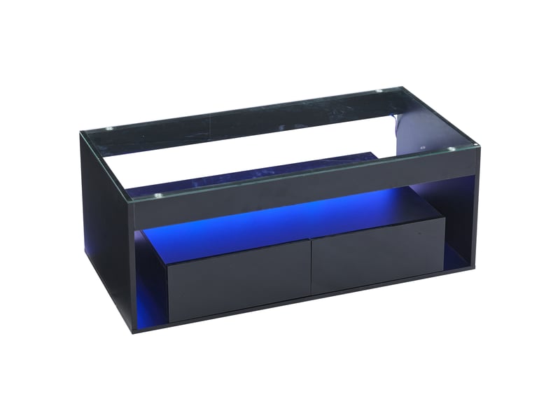  Table basse moderne avec éclairage led, console rectangulaire avec 2 grands tiroirs, table de salon spacieuse en verre, design à double plateau, finition laquée brillante, grande table de salon, noire  - Conforama A