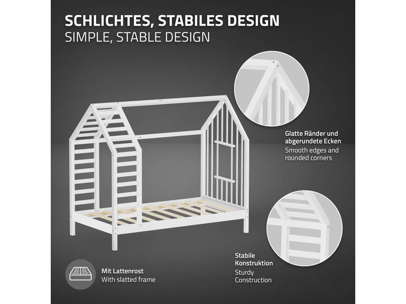  Ml-design lit cabane enfant avec matelas et sommier en bois de pin massif 80x160 cm, blanc, forme de maison avec toit et fenêtre, cadre montessori robuste pour filles et garçons, charge max. 90 kg ECD Germany GmbH - Conforama D