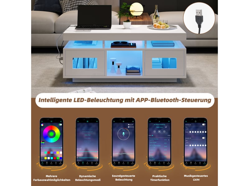  Table basse blanche brillante 100x50x43 cm avec led rgb et prise usb  - Conforama D