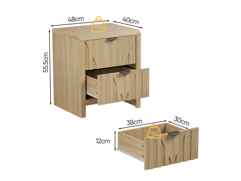  Table de chevet avec tiroir compartimenté et plateau, finition chêne en relief, structure stable pour la chambre  - Conforama E