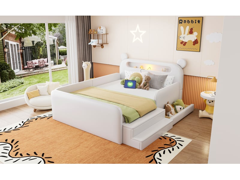  Lit enfant capitonné 140x200 cm blanc similicuir avec tête de lit ours lumière usb rangement intégré et assise escalier Sol Morn - Conforama B
