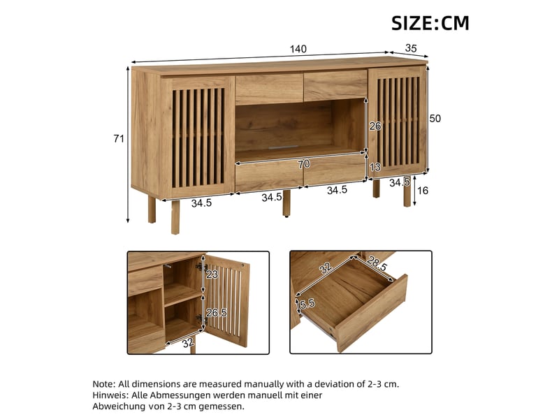  Buffet bas 140x35x71 cm naturel avec 4 tiroirs, portes vitrées Fay Lum - Conforama C