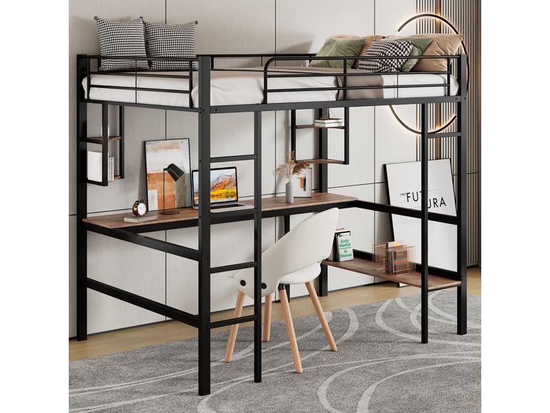 Lit mezzanine 90x200 cm avec étagères, structure acier, sommier, protection, métal + mdf, noir, sans matelas - Conforama B