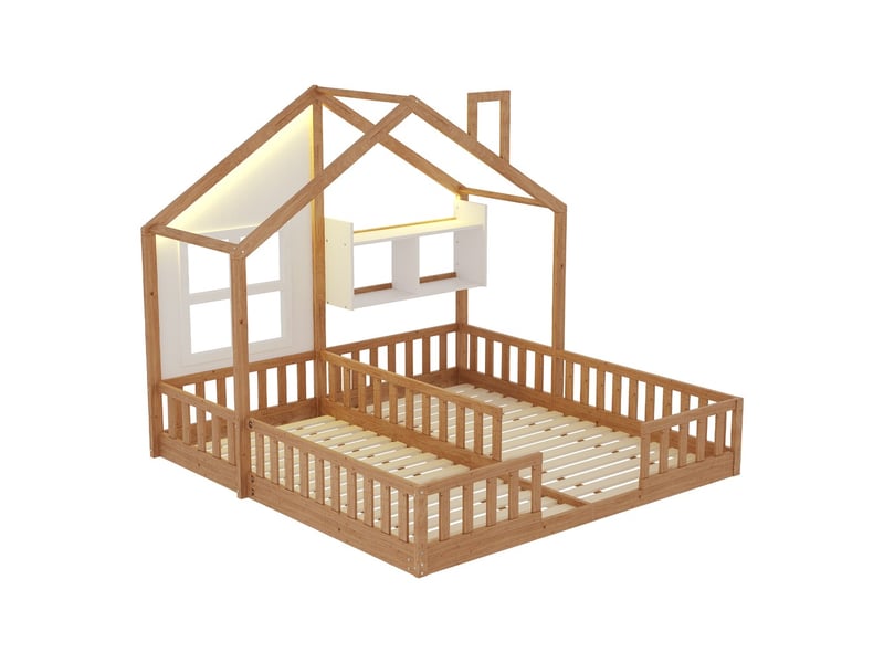  Gutenacht lit maison 90x200 cm bois avec fenêtres, cheminée, led et barrière  - Conforama A