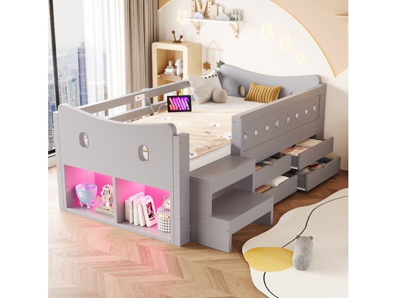  Lit enfant 90 × 200 cm avec 4 tiroirs, 2 niches, barrières de sécurité, led, prises usb et type-c, gris pour chambre  - Conforama B