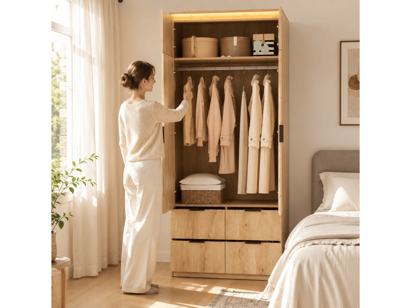  Armoire 2 portes avec miroir, éclairage led et 4 tiroirs, 90 × 47 × 200 cm, effet chêne  - Conforama D