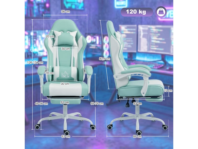  Chaise gaming avec massage lombaire, dossier inclinable 155° et repose-pieds rétractable bleu  - Conforama E