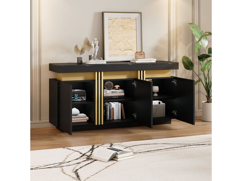  Buffet salle à manger noir 140x38x70 cm, meuble bas 3 portes avec rangements modulaires et plateforme supérieure pour décoration  - Conforama B