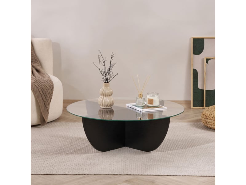  Table basse de salon en verre trempé et bois mdf mélaminé bois noir 90 x 90 x 30 cm  - Conforama D