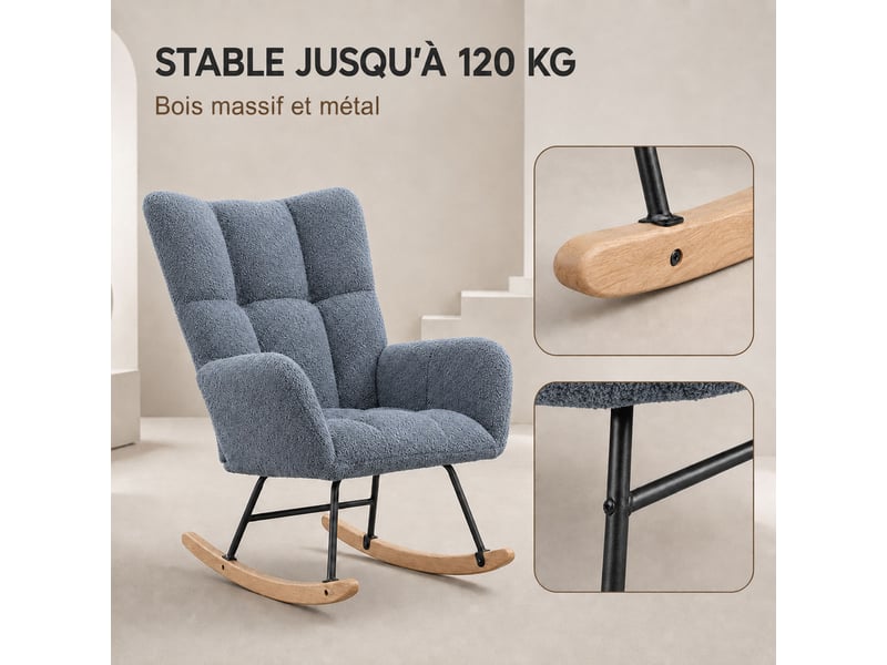  Fauteuil à bascule teddy bleu, fauteuil rocking‑chair ergonomique avec dossier haut et accoudoirs rembourrés, base en bois massif, chaise de relaxation pour salon, chambre et chambre bébé  - Conforama C