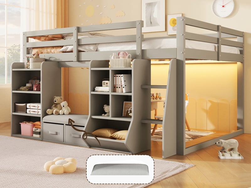 Lit surélevé pour enfant, 140 x 200 cm, avec étagères de rangement, 2 tiroirs en tissu et coussin d'assise, gris N879P000527E - Conforama B