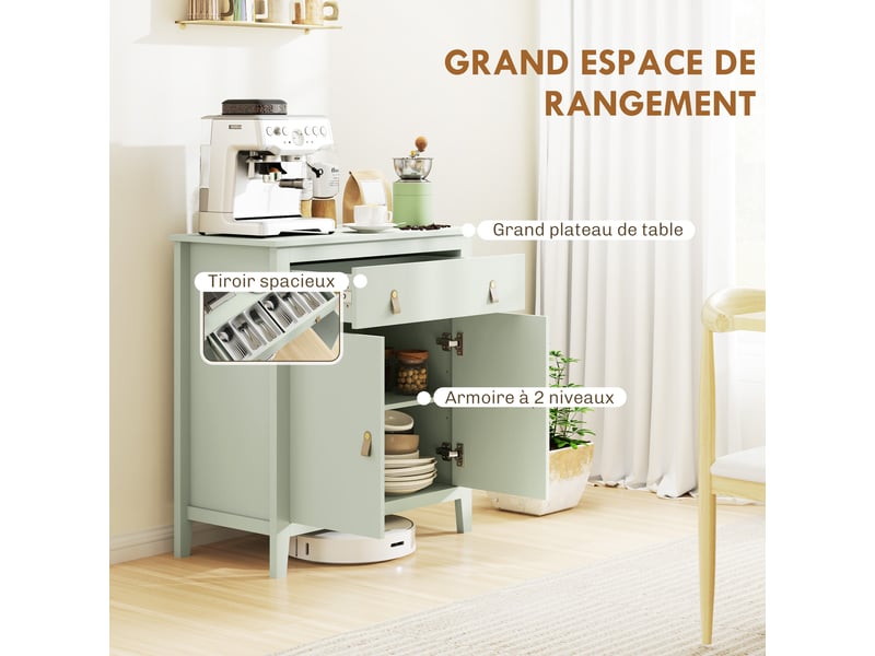 Buffet salon, meuble de rangement avec tiroir, double porte, 80 x 40 x 90 cm, étagère réglable, vert clair - Conforama A