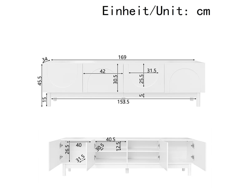  Meuble tv 169x35x45,5 cm - meuble bas avec portes ondulées en relief, étagères de rangement et pieds stabilisateurs  - Conforama C