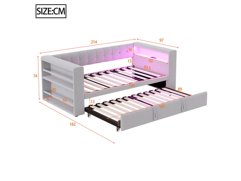  Modenvie canapé convertible 90180x190 cm - rangement intégré, led multicolore et prise - gris  - Conforama C