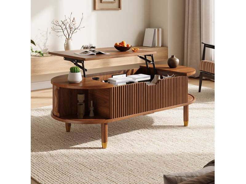  Table basse relevable ovale avec rangement, 2 portes coulissantes, pieds en bois pour salon, noyer 110 × 48 × 57 cm  - Conforama D