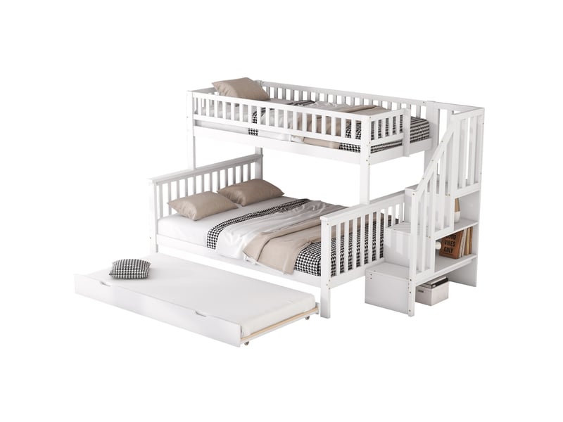Lit superposé enfant 90x200 et 140x200 cm avec lit gigogne et escalier de rangement blanc - Conforama A