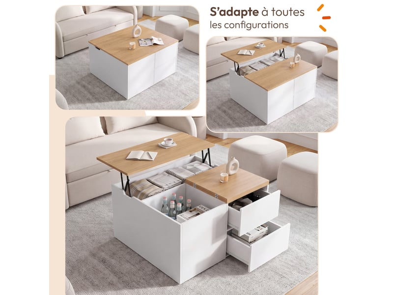  Table basse plateau relevable carrée calia 80 cm avec 2 coffres et 2 tiroirs blanc et bois  - Conforama C