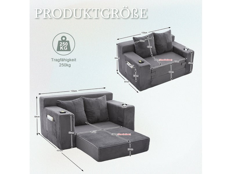 Canapé-lit 2 places tcqpz 151 x 133 x 64 cm convertible en velours côtelé gris avec 2 coussins et porte-gobelet - Conforama C