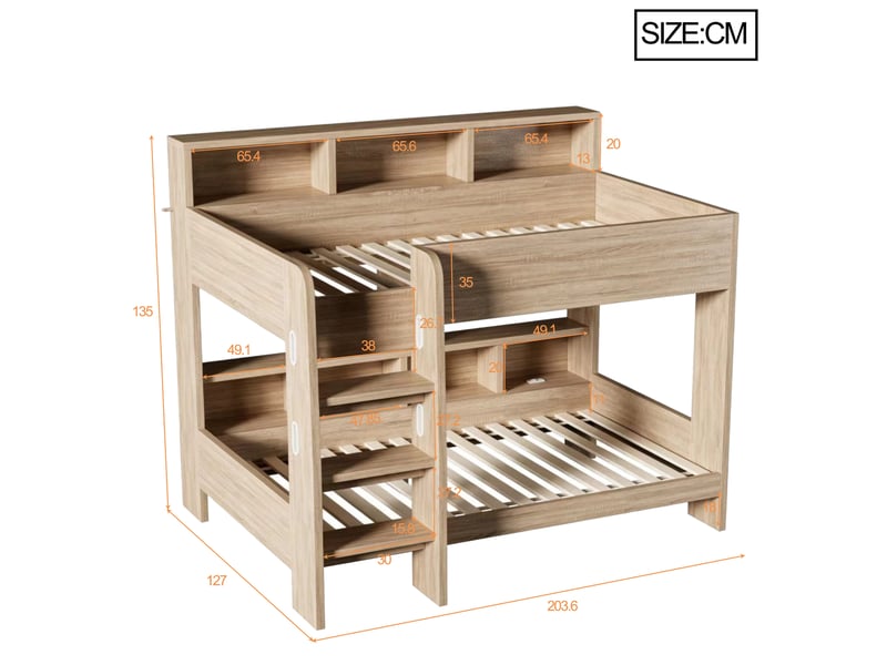  Lit superposé enfant 90x200 cm en bois avec rangement, barrières de sécurité et échelle, lit double avec led et prise intégrée, structure robuste  - Conforama E