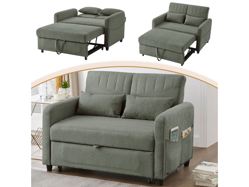  Canapé-lit pliant 2 places vert armée, assise extractible, dossier réglable 3 positions, tissu coton-lin respirant  - Conforama B