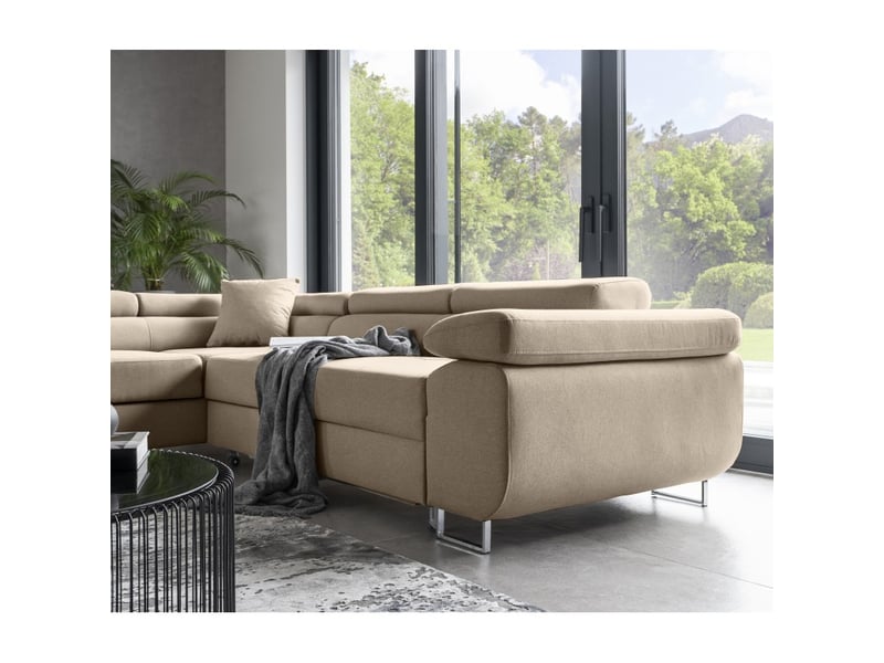  Canapé d'angle convertible menton beige velours – angle gauche avec coffre  - Conforama E