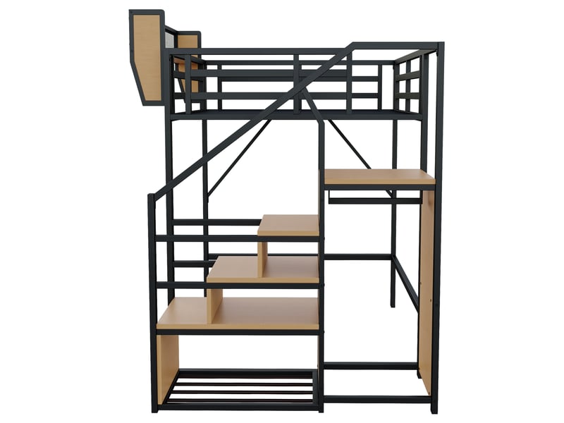  Lit mezzanine avec échelle sécurisée et rangement modulable, métal noir, 140x200 cm, gain de place  - Conforama D