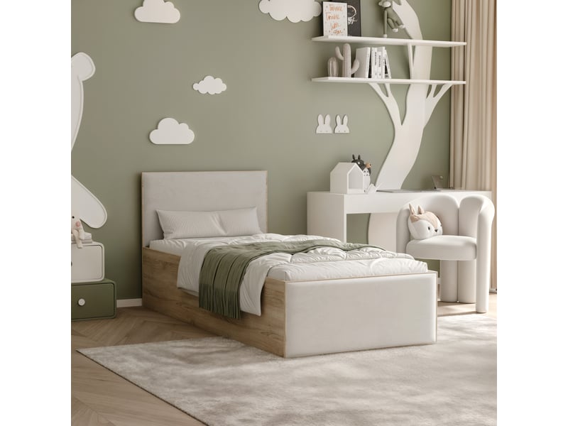 Lit coffre sashi - 90x200 cm - avec matelas - tissu velours - sonoma beige clair SASHI - Conforama B