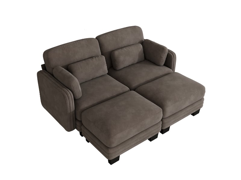  Canapé droit modulable 2 places avec 2 ottomanes en chenille marron 176x143x88 cm  - Conforama A