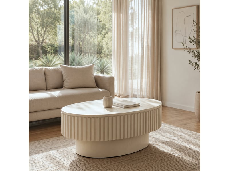  Table basse ovale avec coffre et décor cannelé crème 98 × 60 × 35 cm IKSETERA TRADING LTD - Conforama E