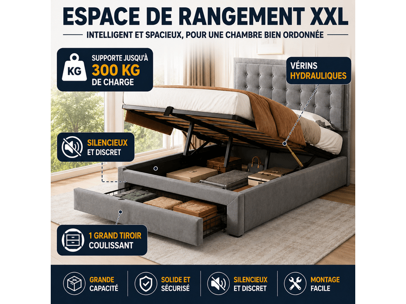  Lit coffre 180x200 cm en velours, rangement hydraulique avec tiroirs, tête de lit réglable, grand rangement, beige  - Conforama D